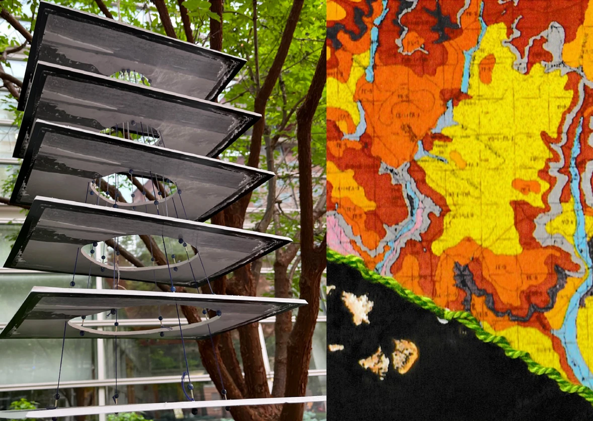 A photograph of the hanging sculpture recording data about the ozone layer. Right: A close-up from data about soil remediation in Nigeria.