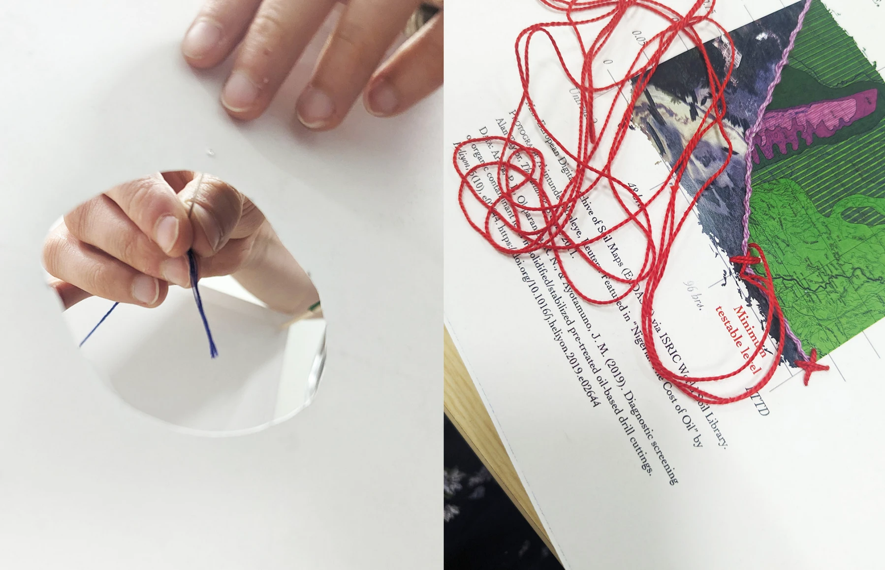 Process phots from the manual labor of ‘eco-mending’ data into artworks.