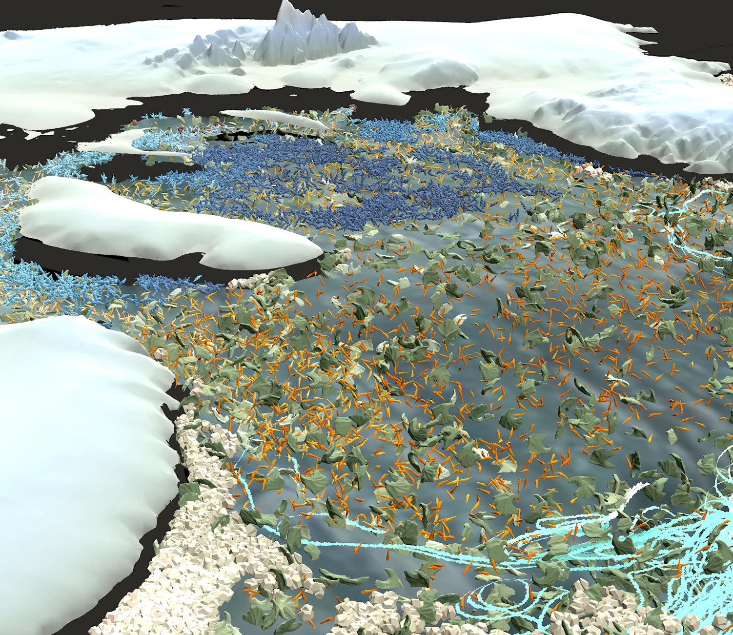 Visualization of waters under the Antarctic Filchner Ronne Ice Shelf containing glyphs associated with flora, fauna and mineral associations.