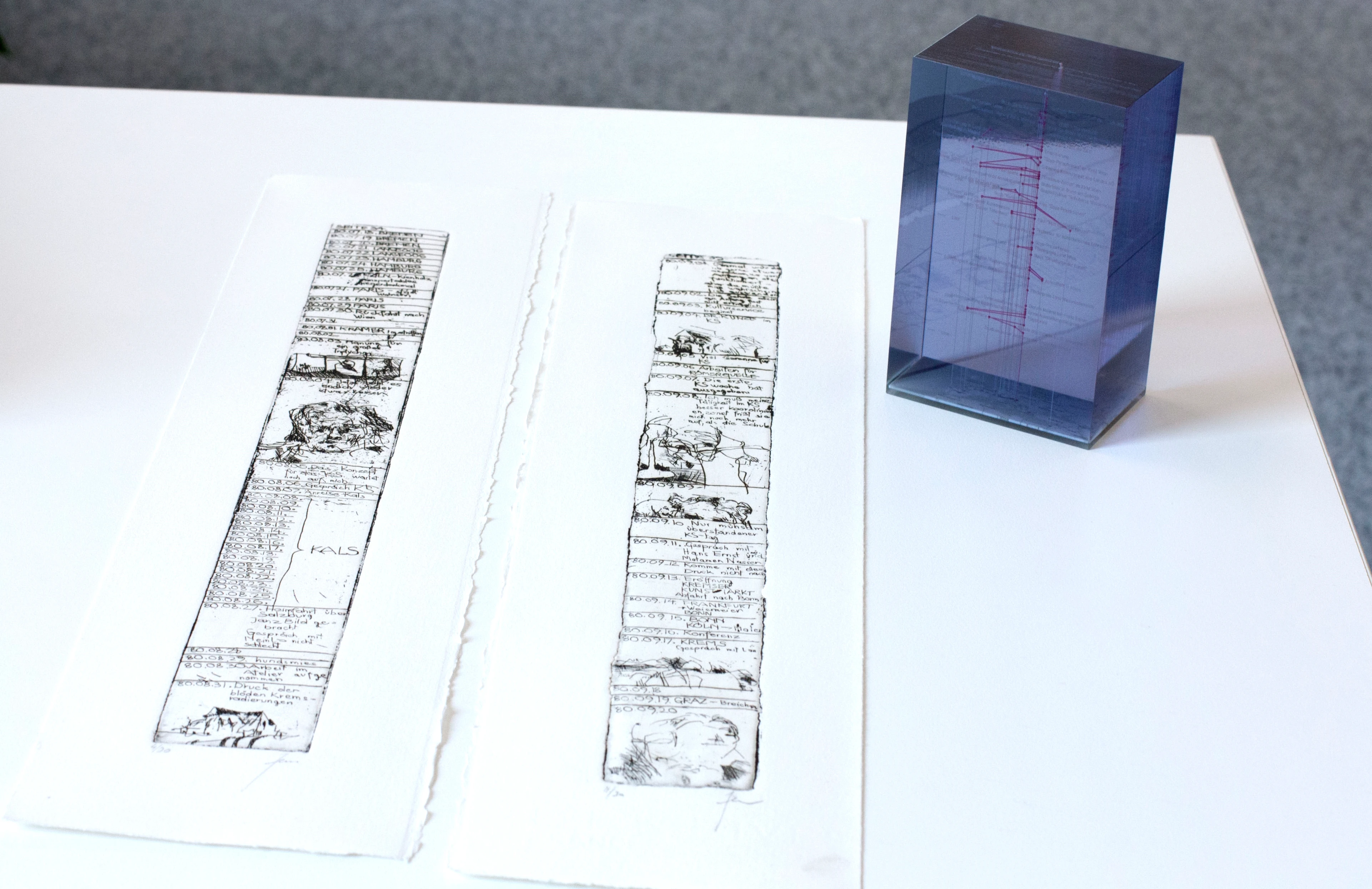 Data sculpture, next to original prints of the artist's etched copper plates.