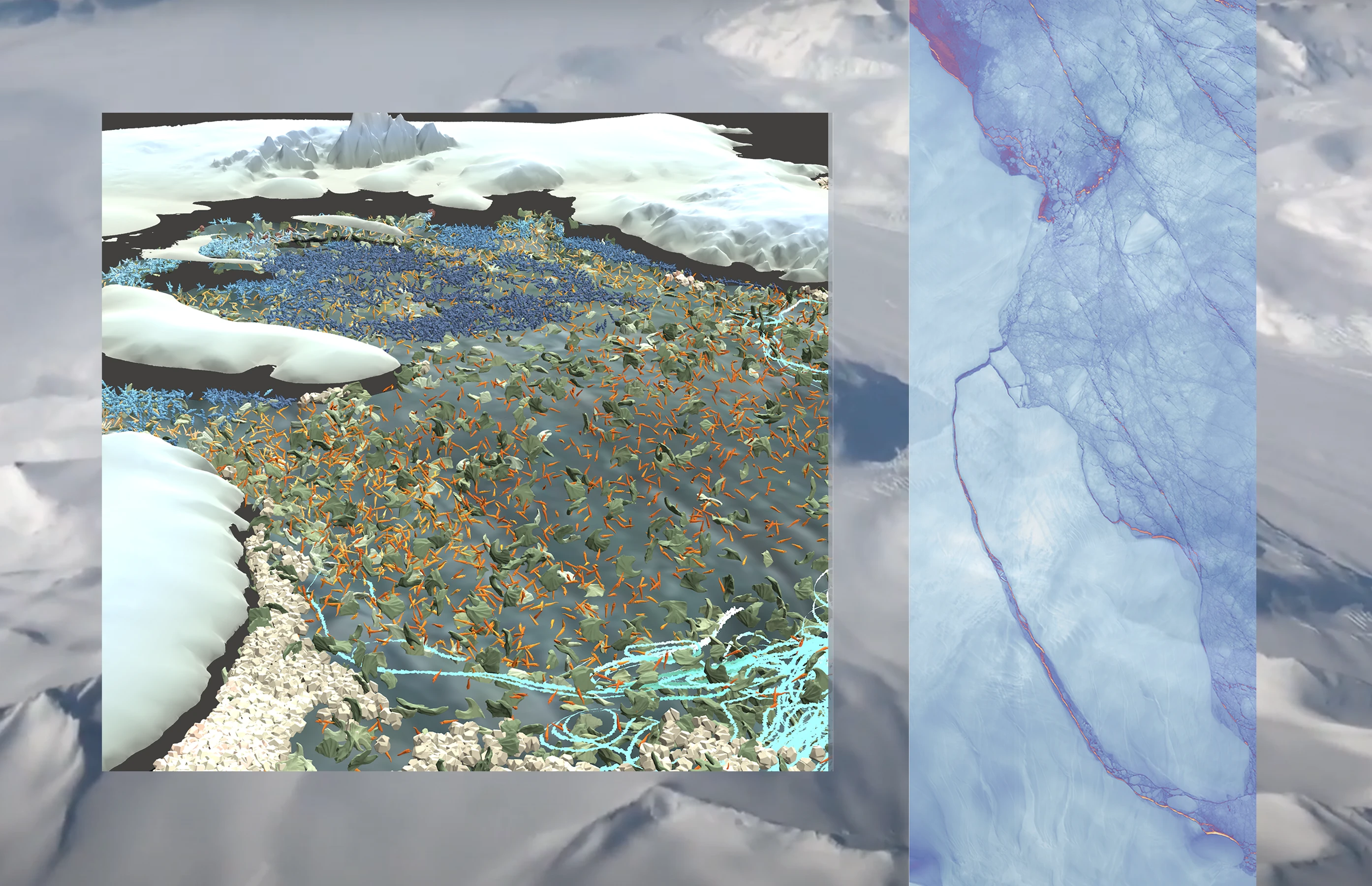 Collages on the waters under the Antarctic Ice Shelves, containing data and contextual imagery  on the fragility of these environments.