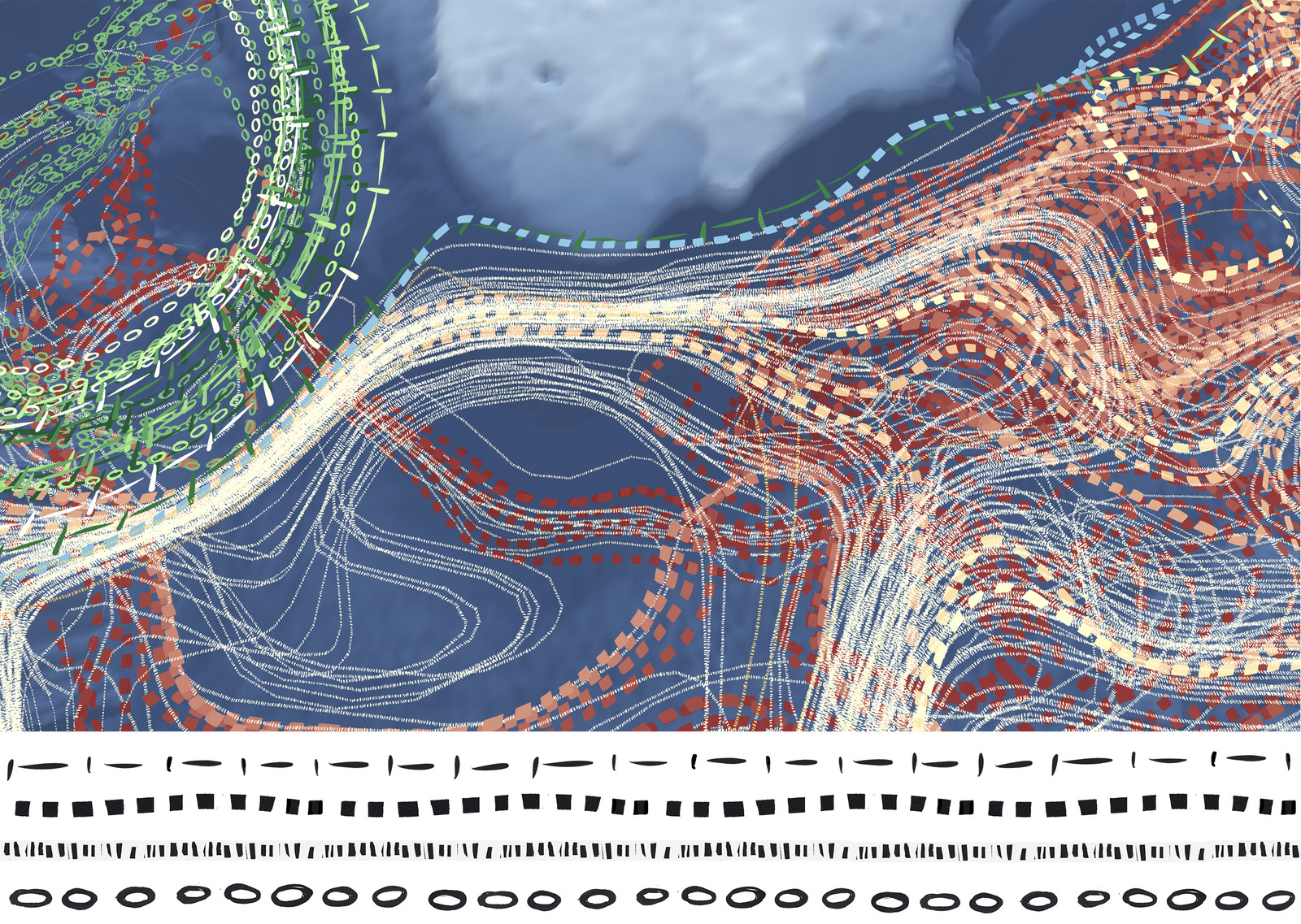 Visualization of currents originating from different locations within the Gulf of Mexico, a 3D perspective. The currents are visually defined by their line texture. (E3SM climate model, LANL, U.S. Dept. of Energy)