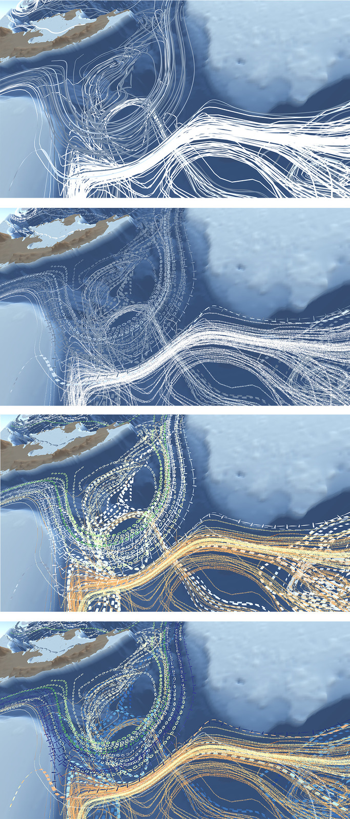 Simulated current visualization, a birds-eye-view of currents that originated from different locations within the Gulf of Mexico and are defined by their line texture. (E3SM climate model, LANL, U.S. Dept. of Energy)